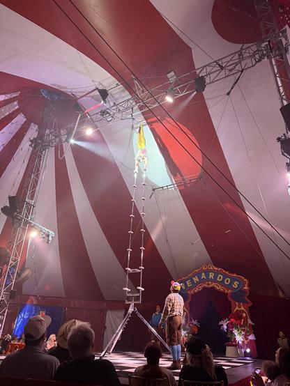 A man doing a handstand high above the stage on two posts.
