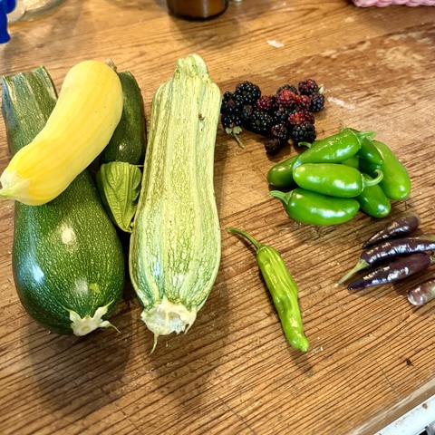 A table with zucchini, peppers and blackberries on it.
